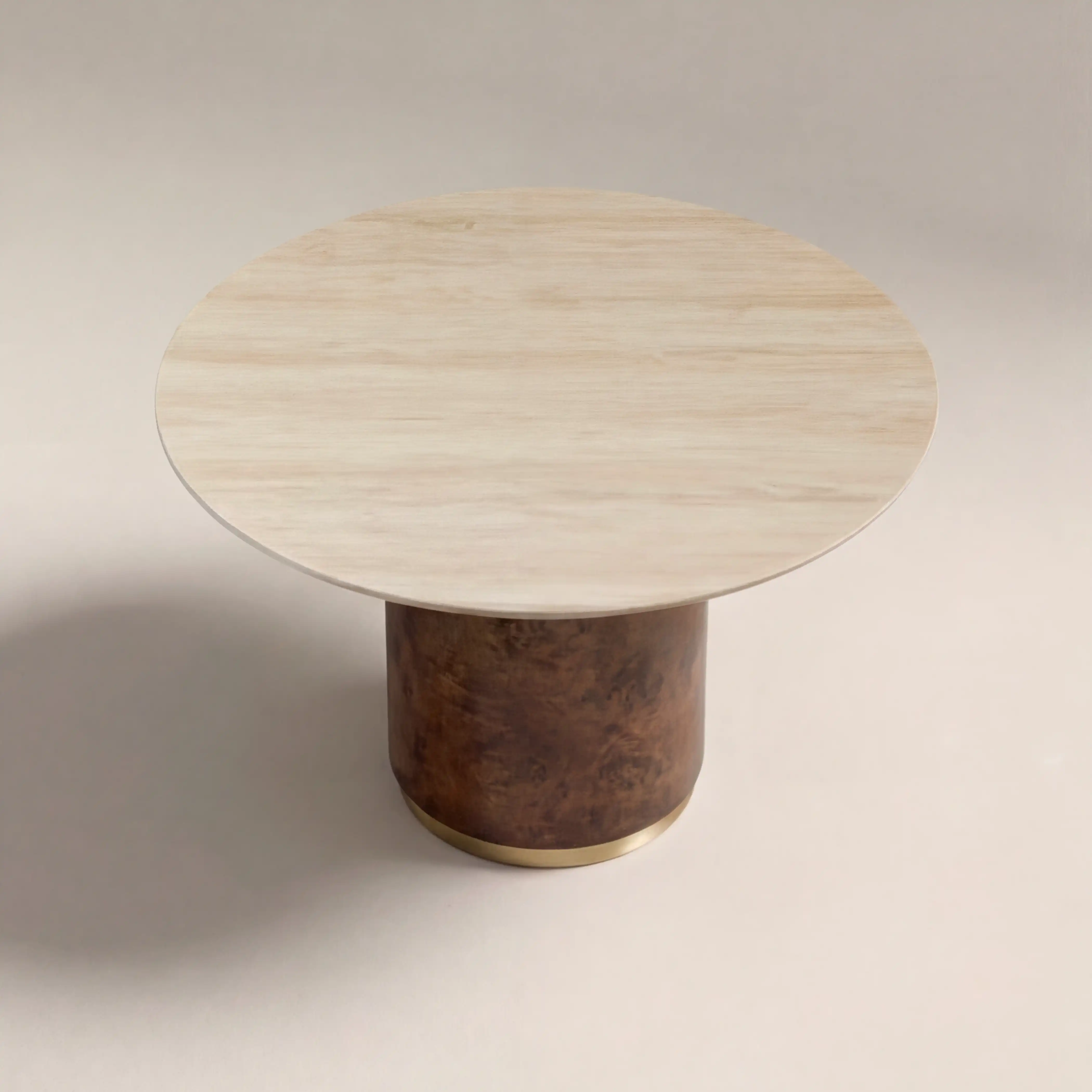 Perry 4 Seat Round Dining Table | Natural Travertine Effect Sintered Stone & Walnut Burl Wood - Image 5