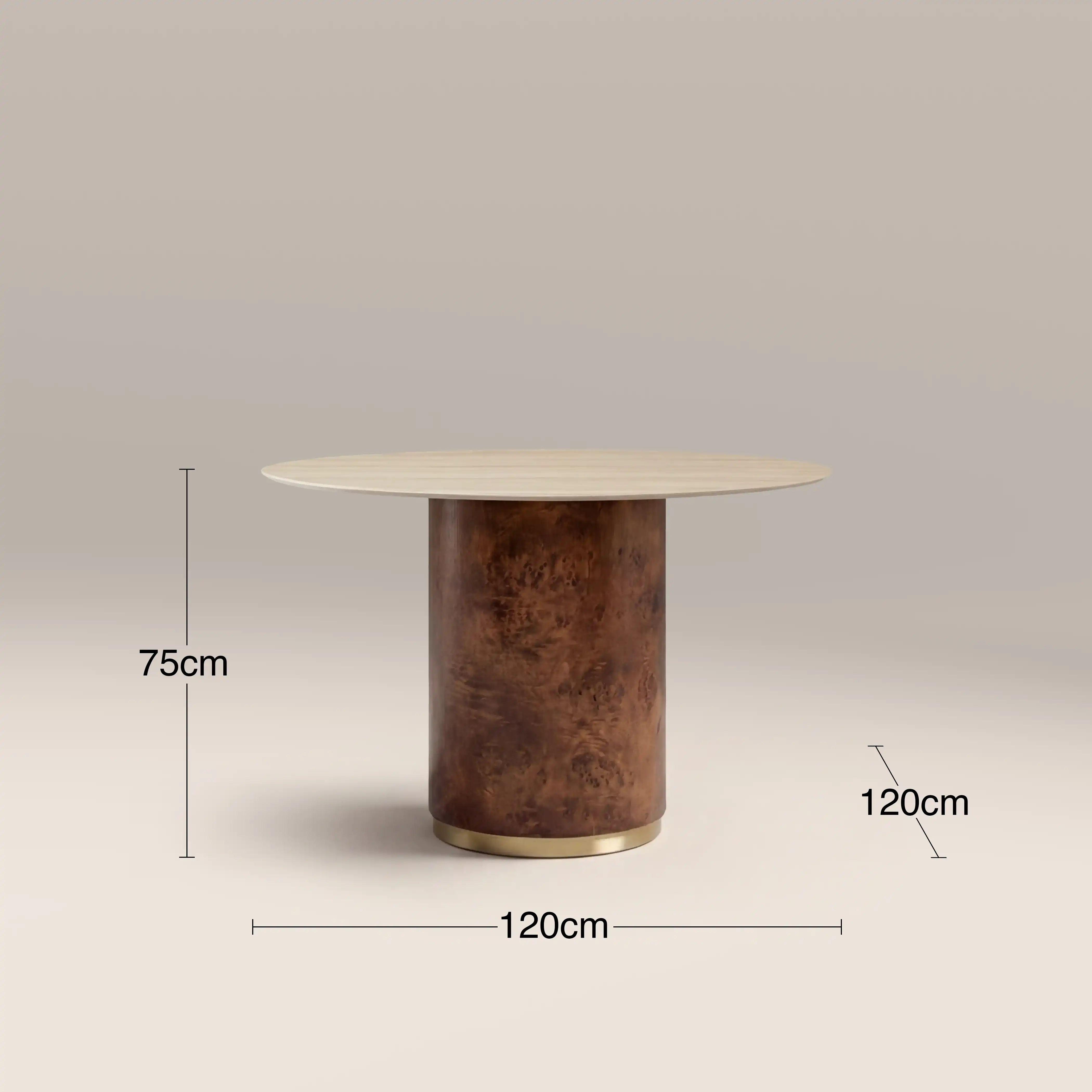 Perry 4 Seat Round Dining Table | Natural Travertine Effect Sintered Stone & Walnut Burl Wood - Image 7