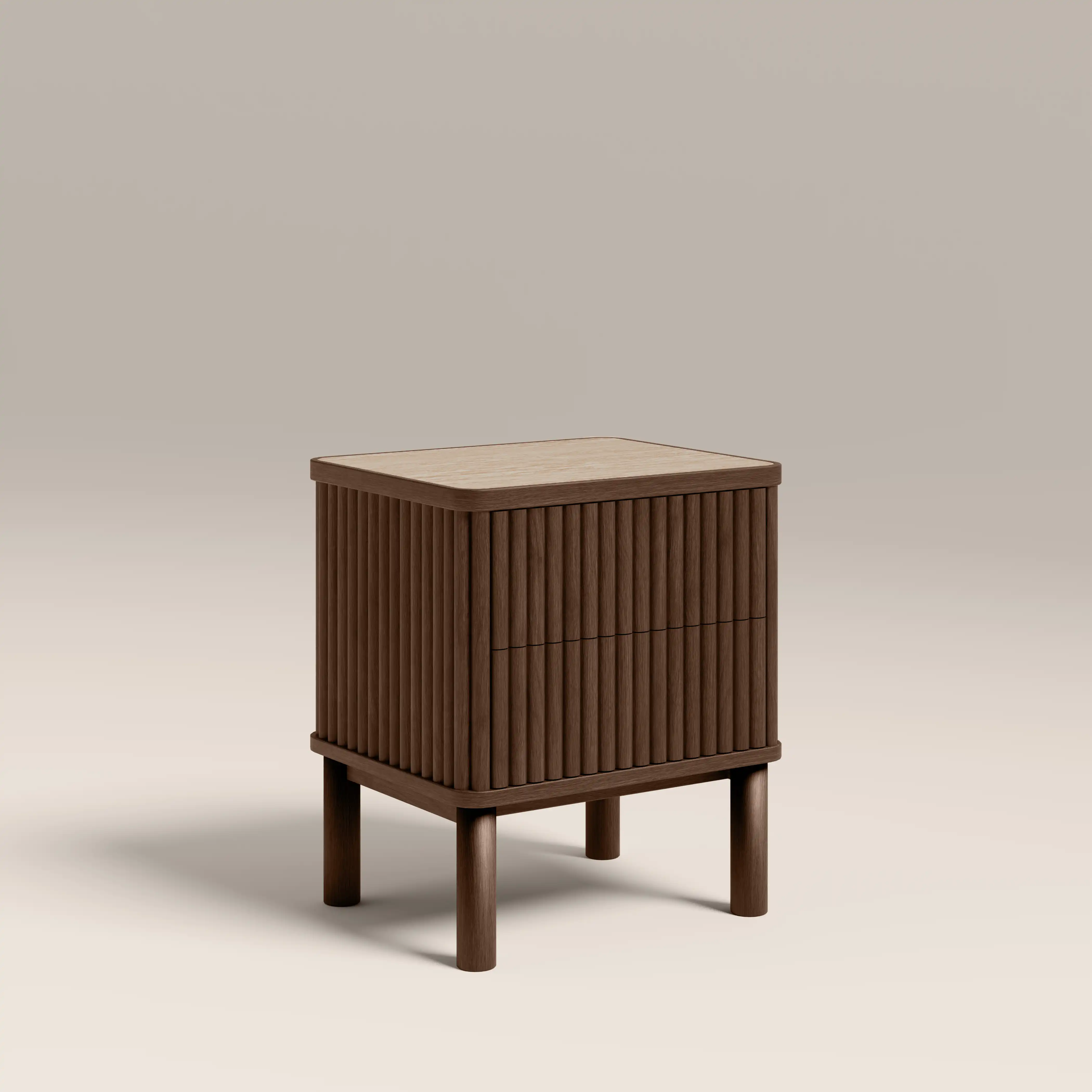 Santana 2 Drawer Bedside Table | Natural Travertine Effect Sintered Stone & Smoked Walnut - Image 4