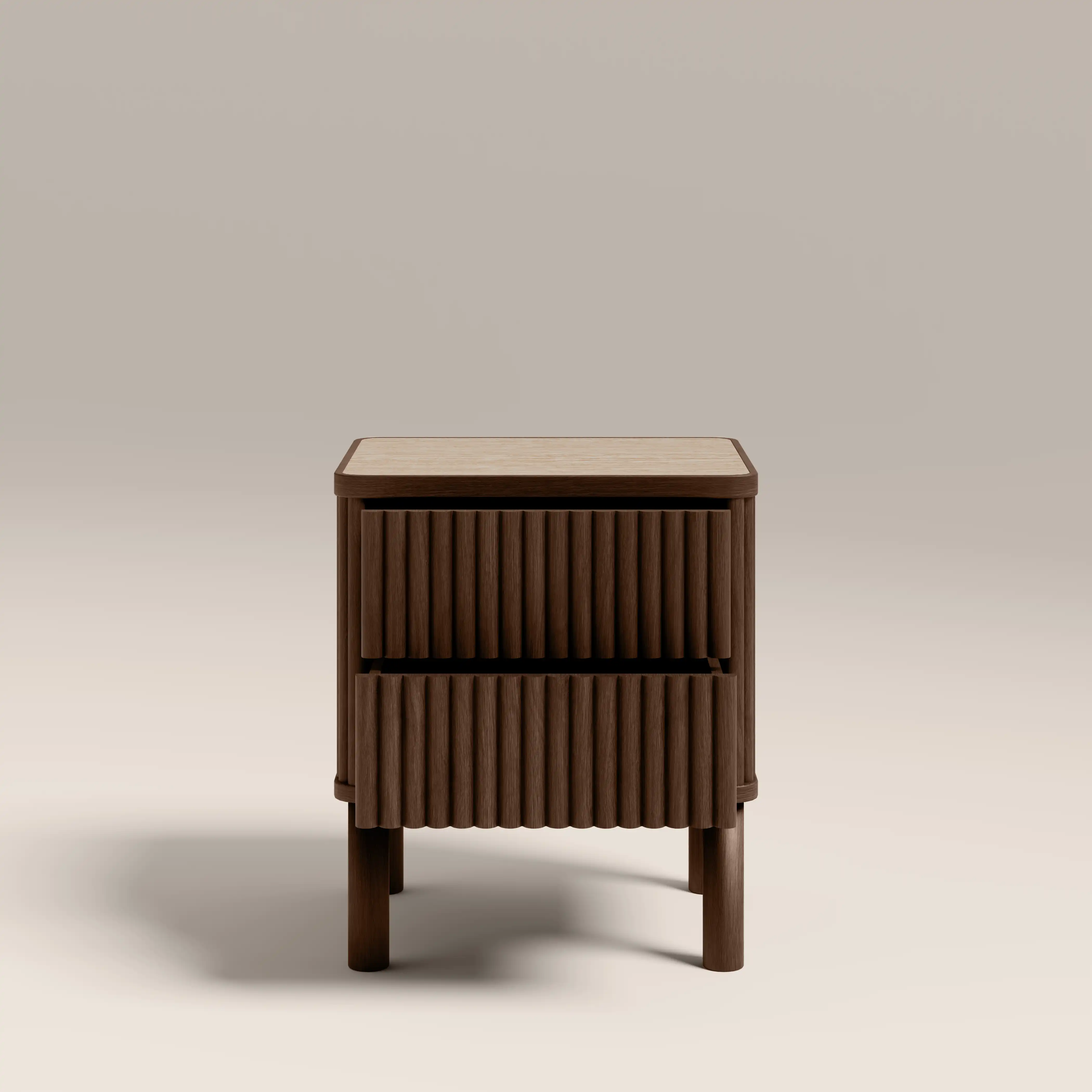 Santana 2 Drawer Bedside Table | Natural Travertine Effect Sintered Stone & Smoked Walnut - Image 5