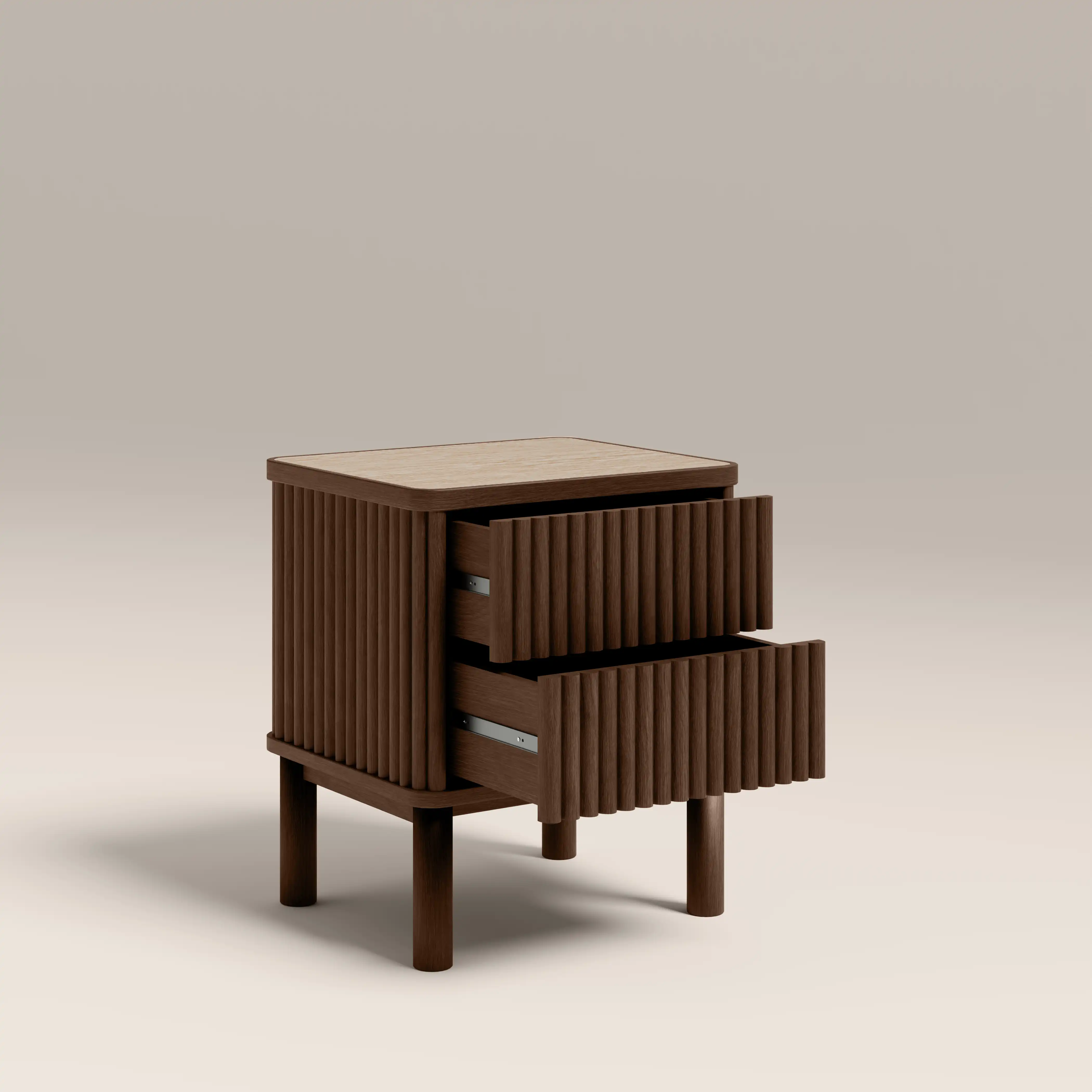 Santana 2 Drawer Bedside Table | Natural Travertine Effect Sintered Stone & Smoked Walnut - Image 7