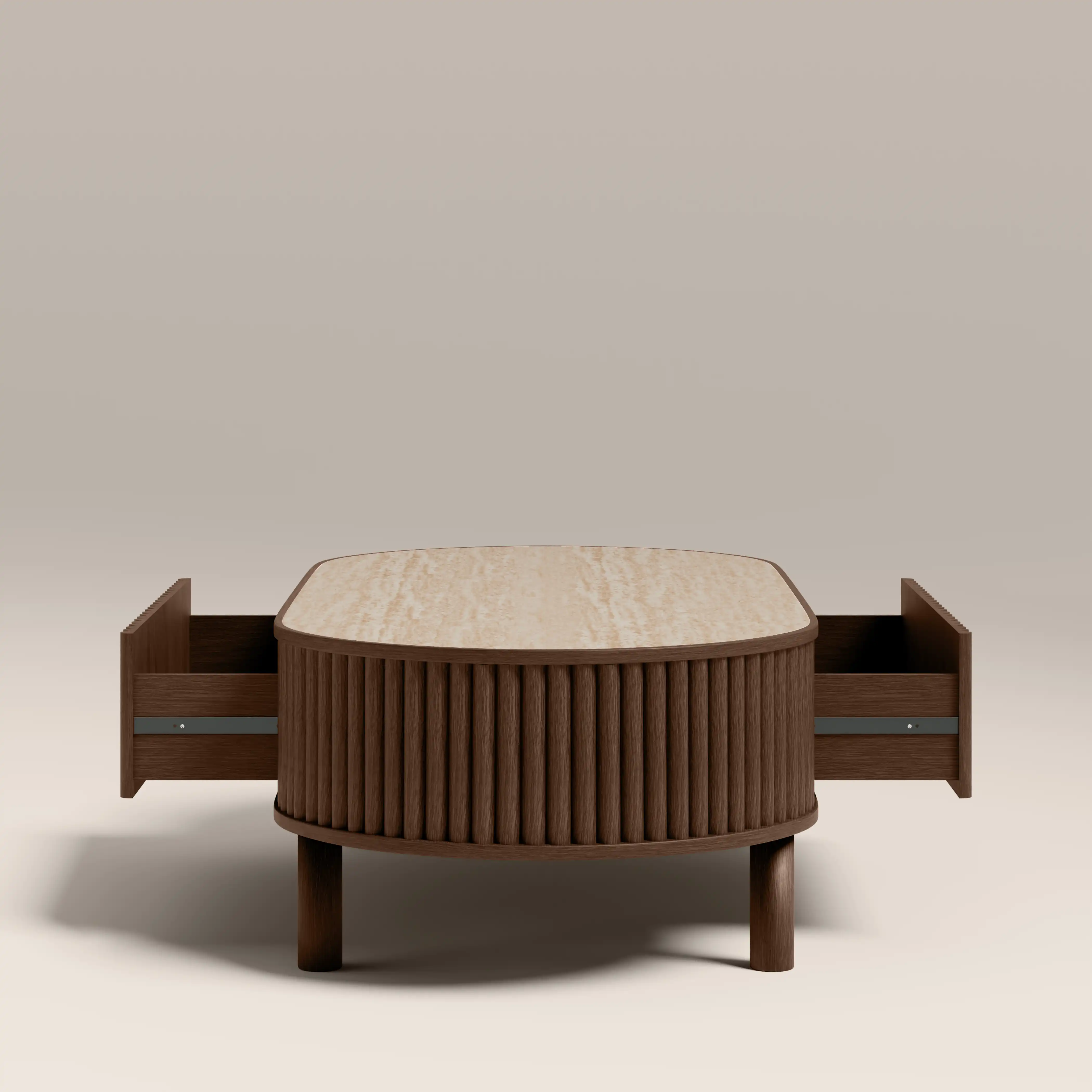 Santana Oval Storage Coffee Table | Natural Travertine Effect Sintered Stone & Smoked Walnut - Image 2