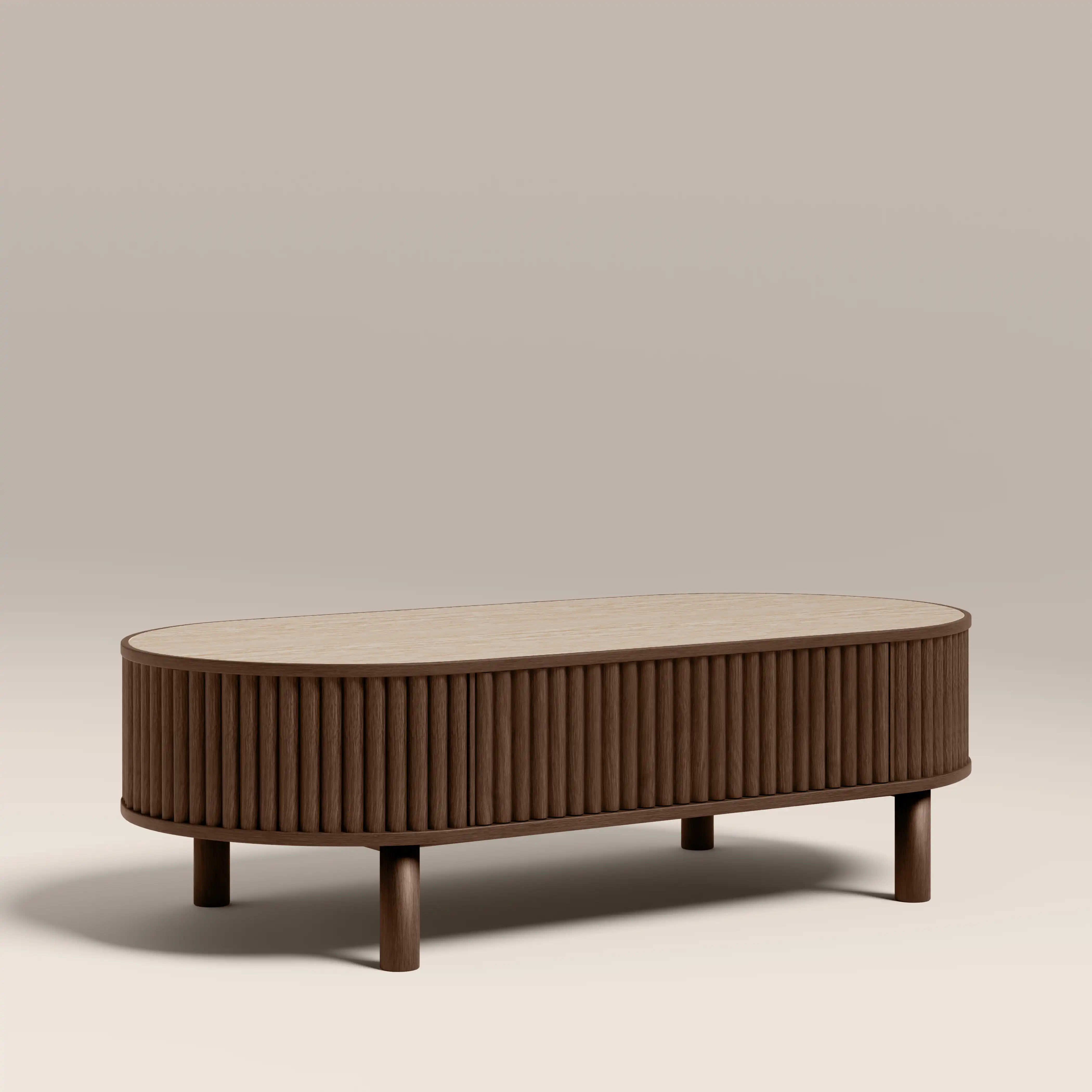 Santana Oval Storage Coffee Table | Natural Travertine Effect Sintered Stone & Smoked Walnut - Image 3