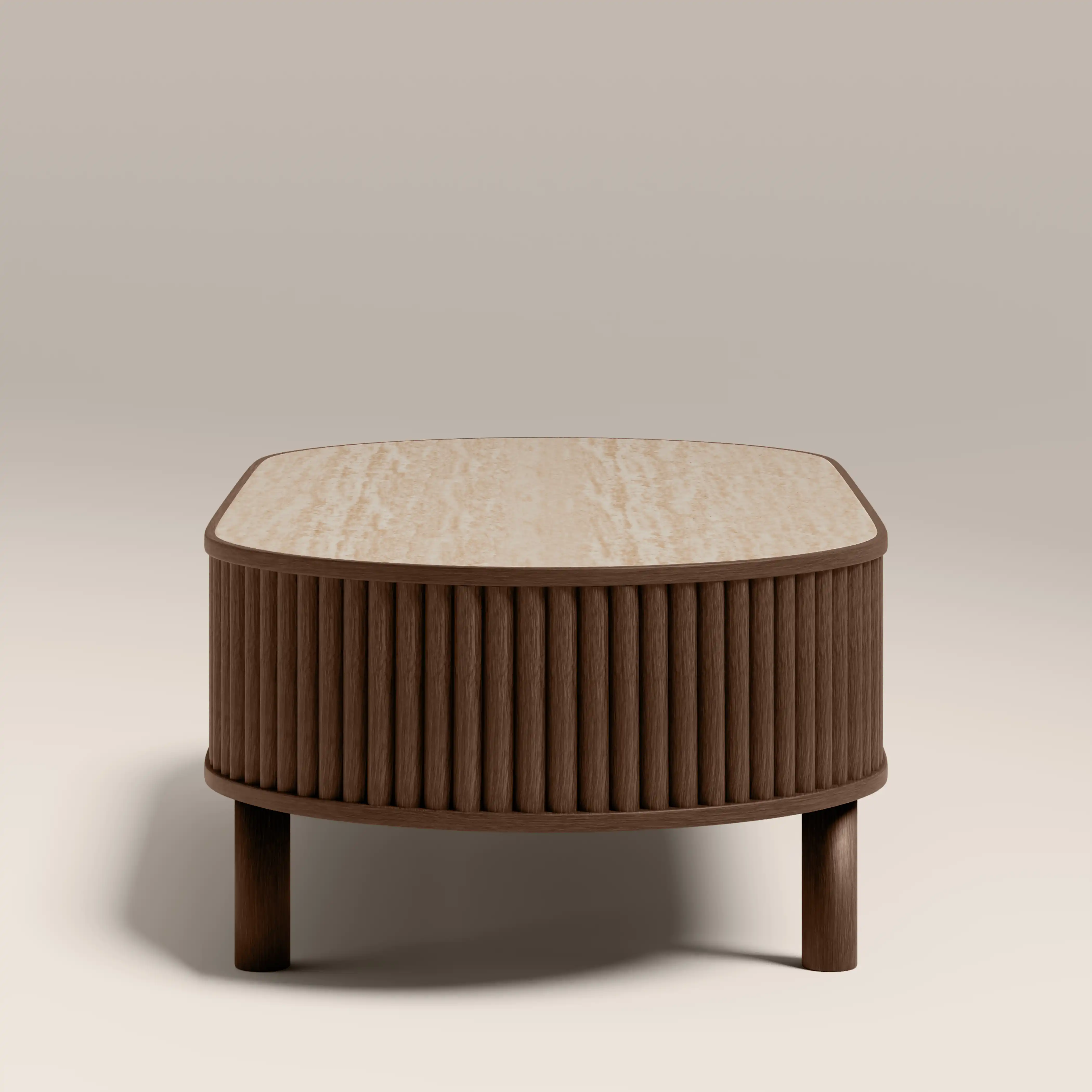 Santana Oval Storage Coffee Table | Natural Travertine Effect Sintered Stone & Smoked Walnut - Image 4