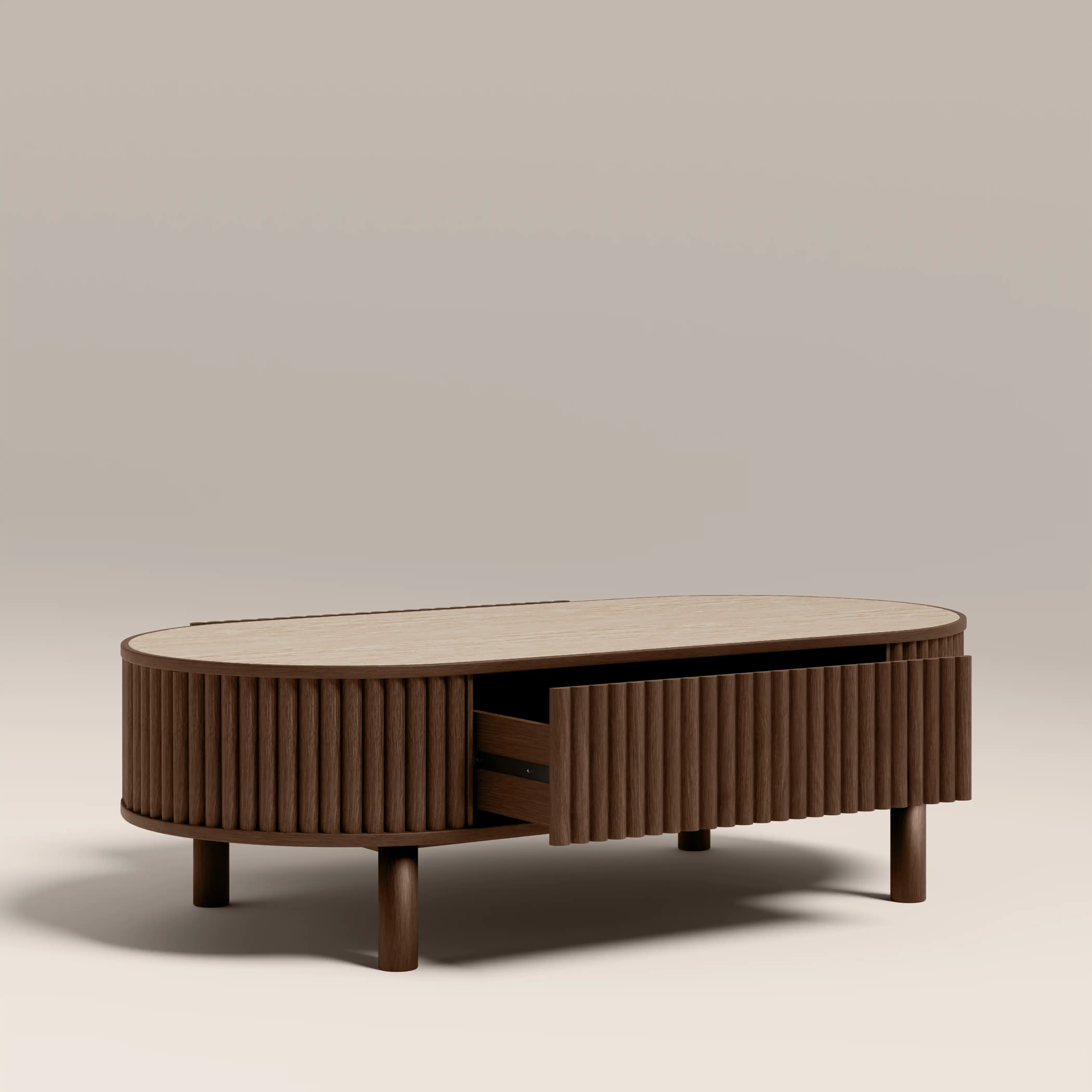 Santana Oval Storage Coffee Table | Natural Travertine Effect Sintered Stone & Smoked Walnut - Image 5