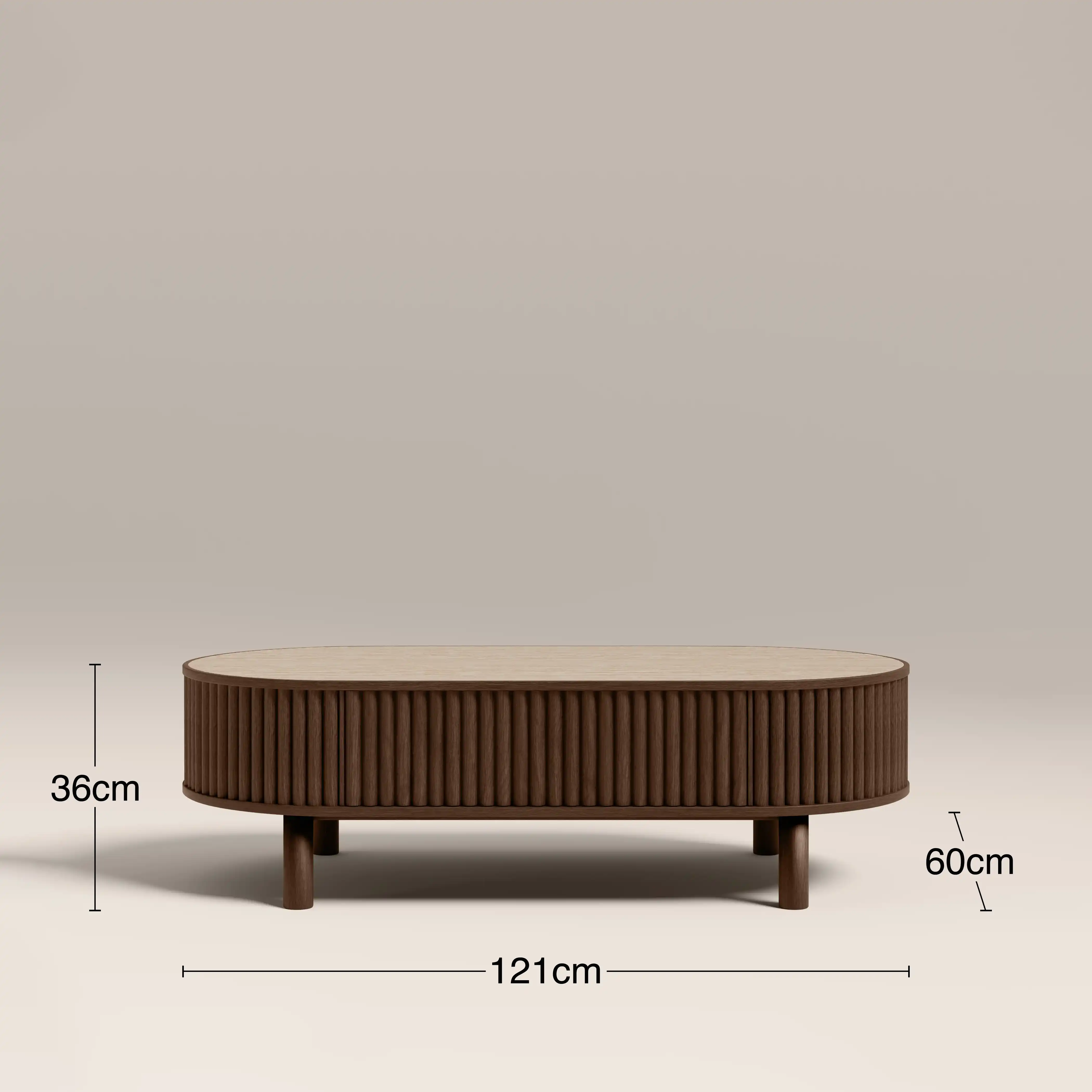 Santana Oval Storage Coffee Table | Natural Travertine Effect Sintered Stone & Smoked Walnut - Image 6