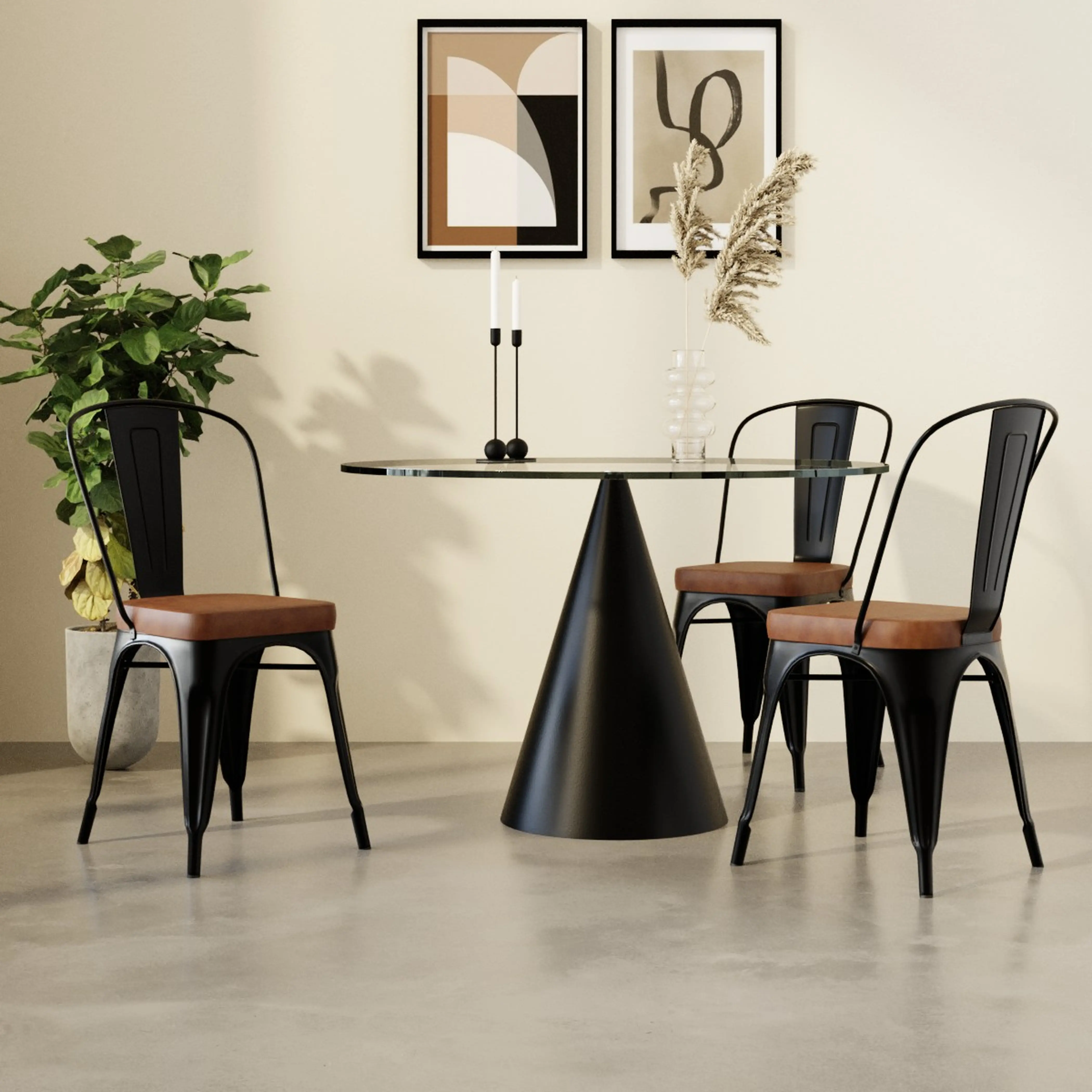 Tolix Style Stackable Dining Chair | Tan Faux Leather & Black - Image 2